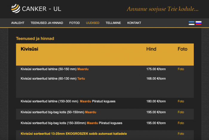 Pricelist page
