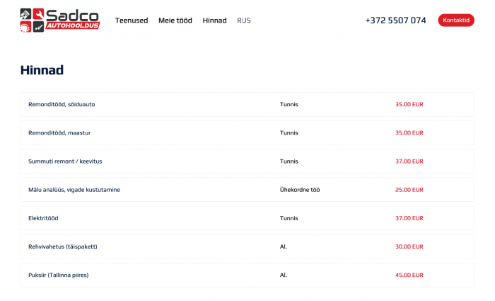 Prices page